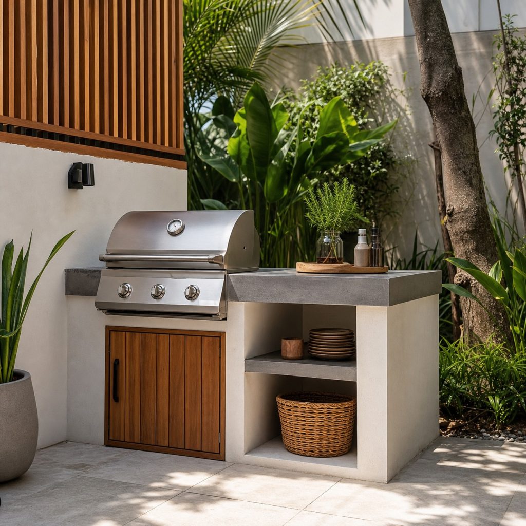 Compact standalone outdoor kitchen island with grill and storage