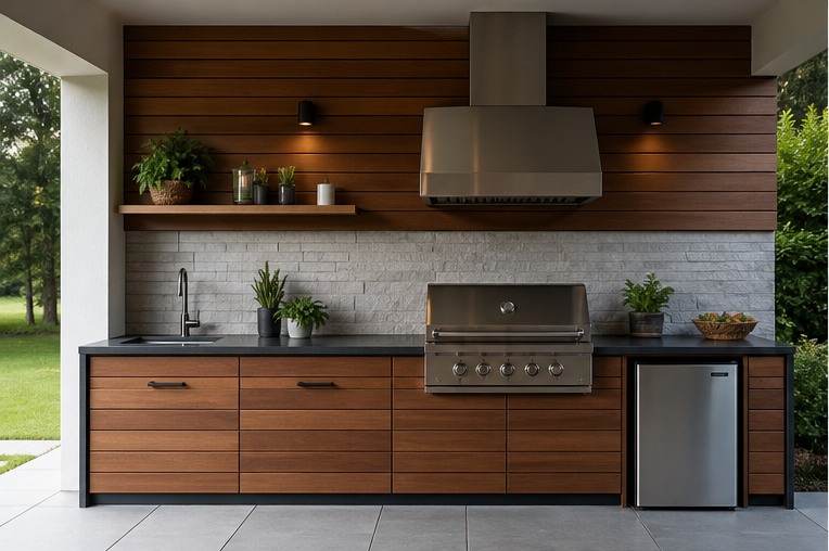 Straight one-wall outdoor kitchen with grill sink and wood doors
