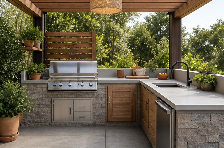 L-shaped outdoor kitchen with grill at one end and sink on return