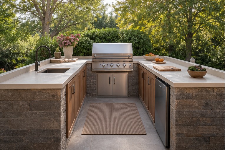 U-shaped covered outdoor kitchen with open central work area