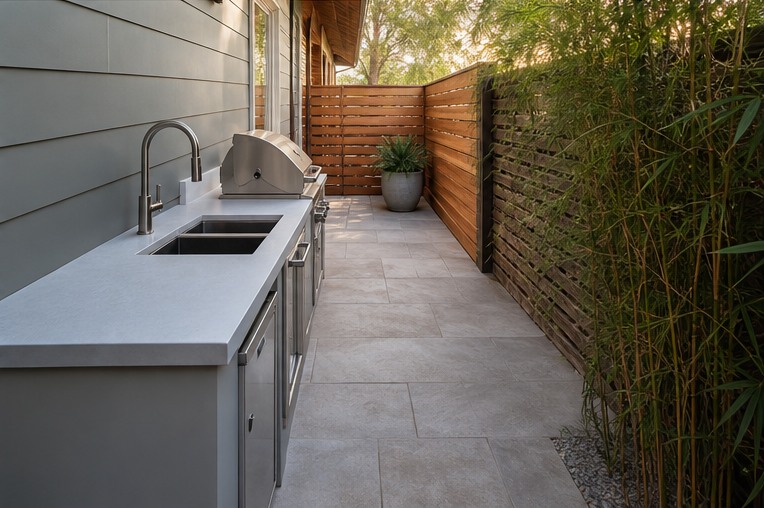 Covered outdoor galley kitchen with counters on both sides