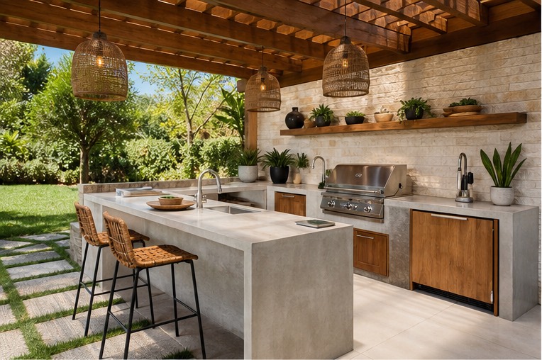 Outdoor L-shaped kitchen with concrete prep peninsula