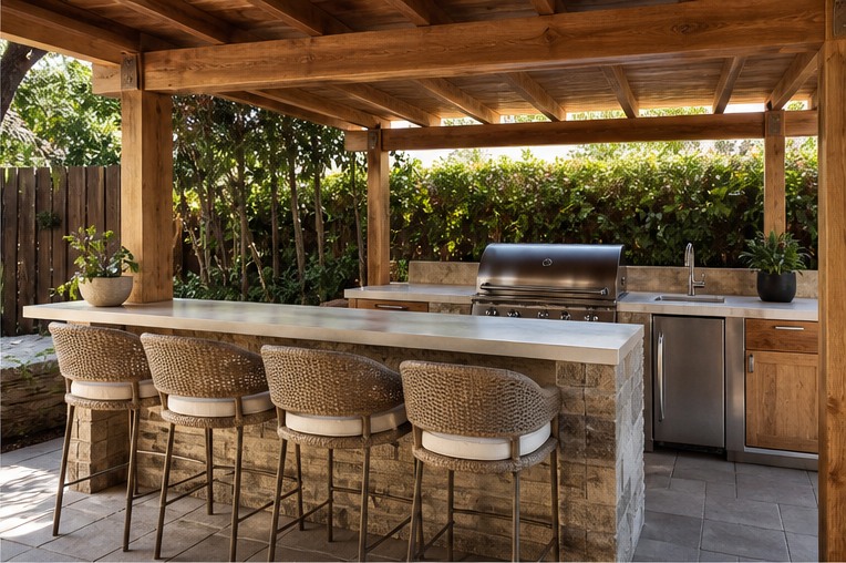 Outdoor kitchen with straight serving bar and five stools