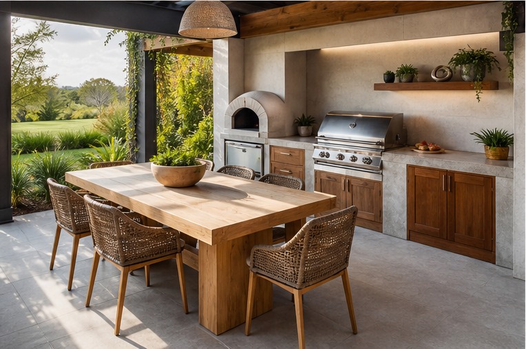 Covered outdoor kitchen with dining table beyond the work zone