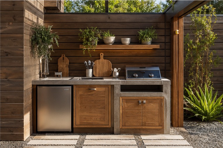 Small covered outdoor kitchen with sink grill and storage in compact zone