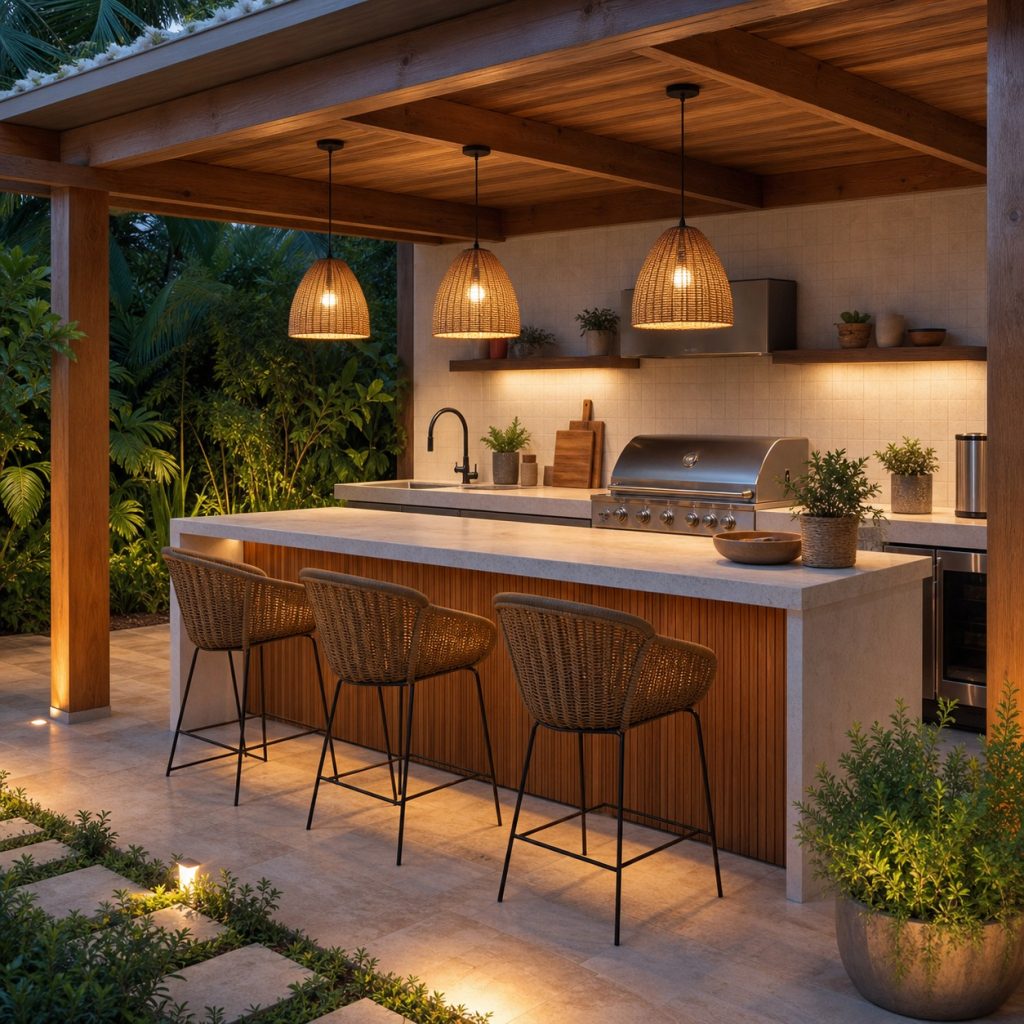 Warm pendant lights above an outdoor kitchen serving counter at blue hour