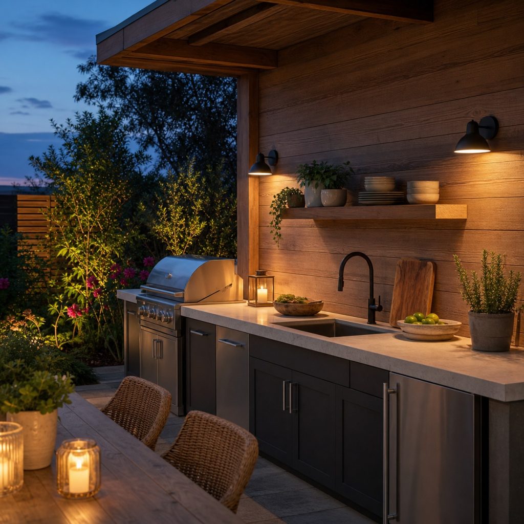 Shielded wall sconces casting warm downward light beside an outdoor prep zone