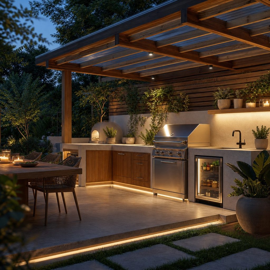 Subtle under-counter lighting guiding movement through a modern outdoor kitchen