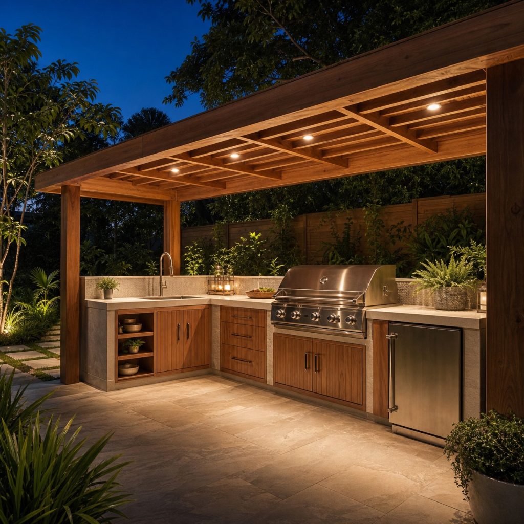 Small warm downlights integrated into a timber pergola over an outdoor kitchen
