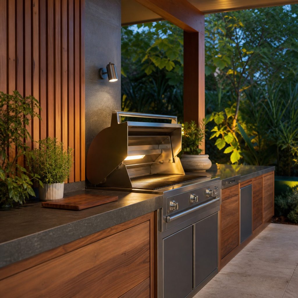 Focused adjustable task light illuminating an outdoor grill at dusk