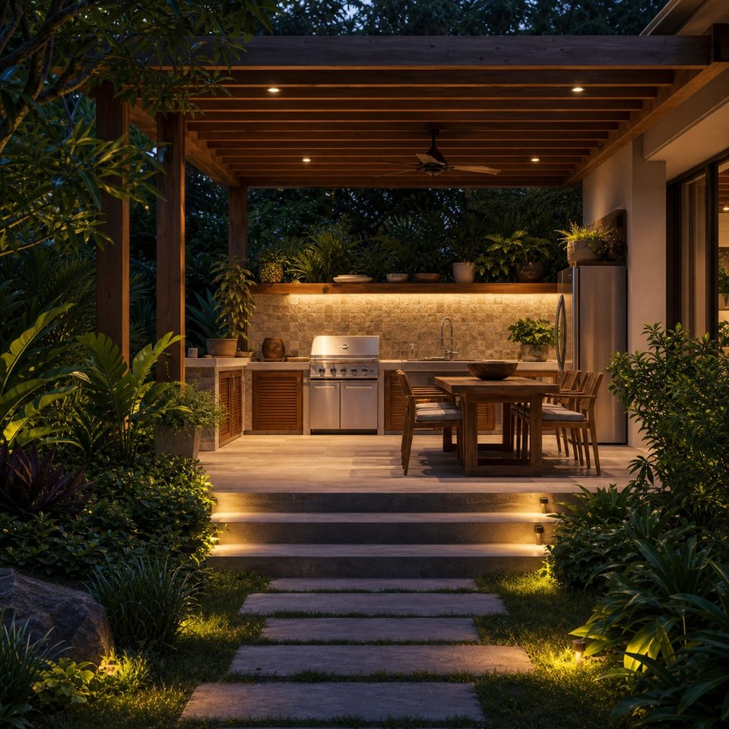 Warm step and pathway lights leading safely to an outdoor kitchen at night