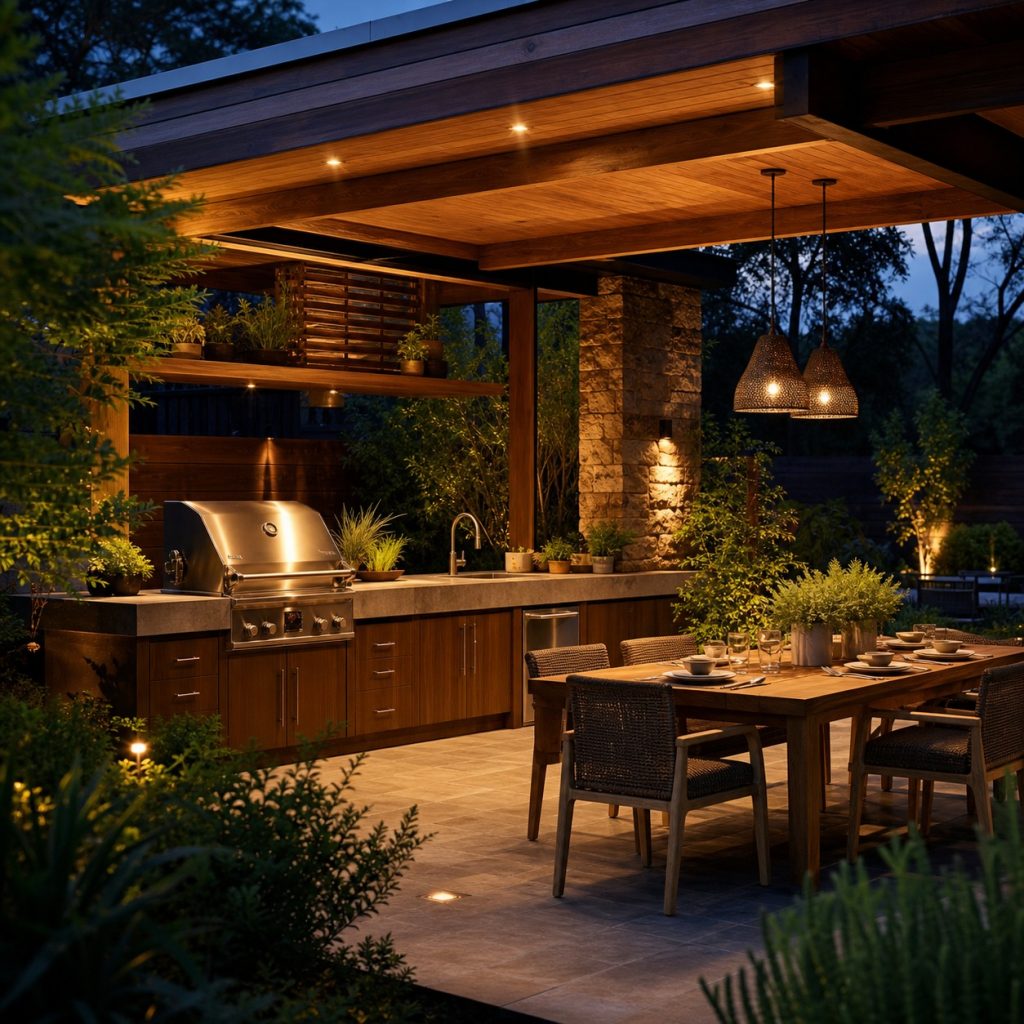Layered warm lighting across an outdoor kitchen and adjacent dining area