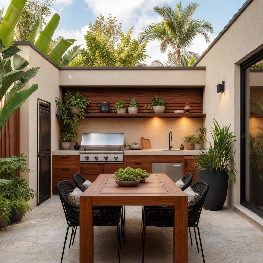 Courtyard patio with compact wall kitchen, central dining, and open sky
