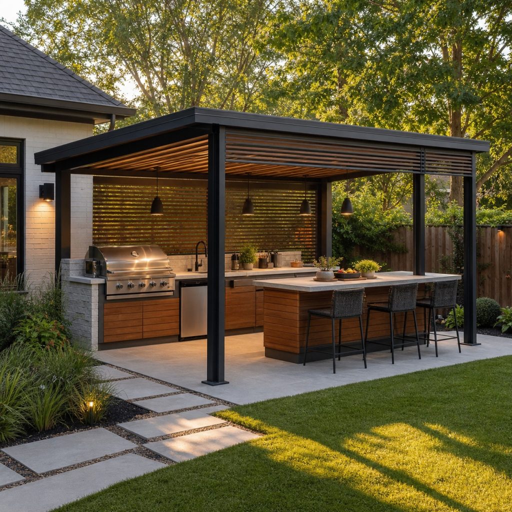Detached outdoor kitchen pavilion on garden patio with paved path to house
