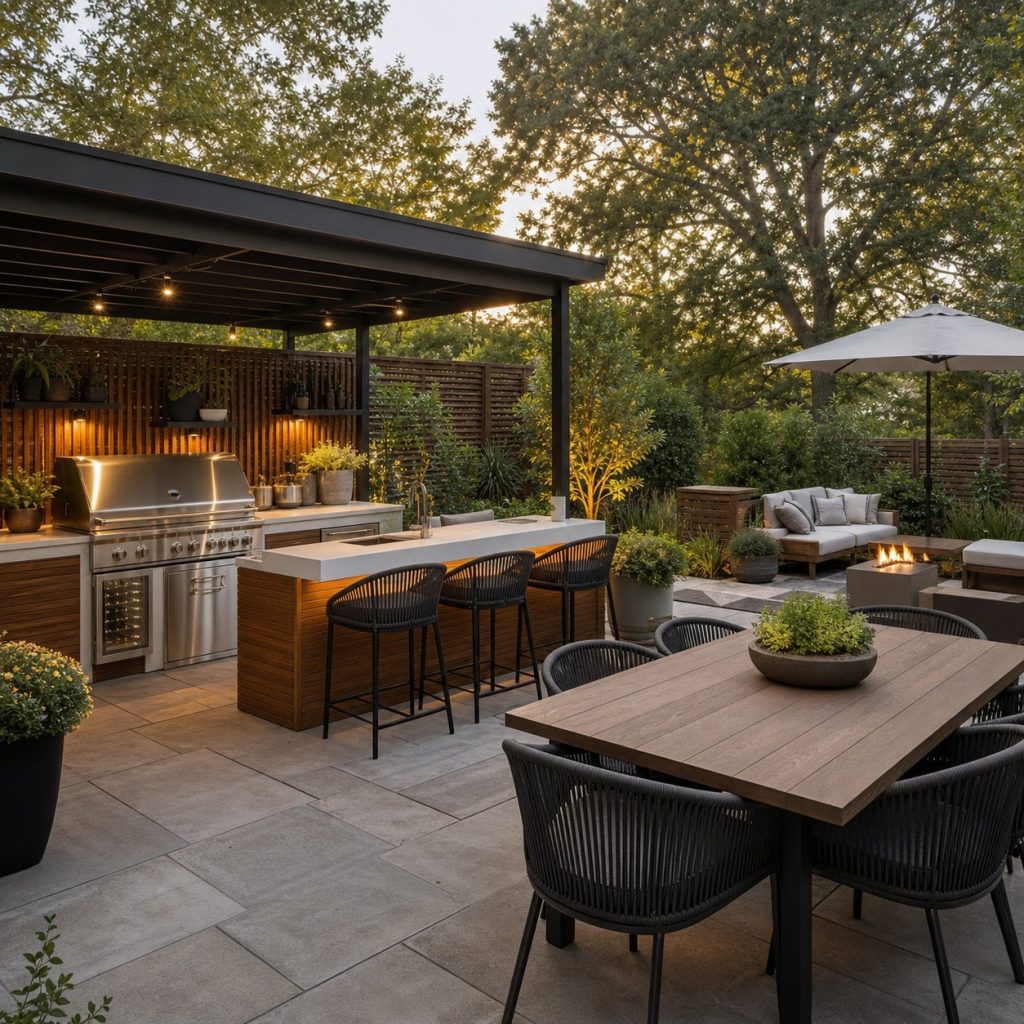 Large patio divided into cooking, serving, dining, and lounge zones