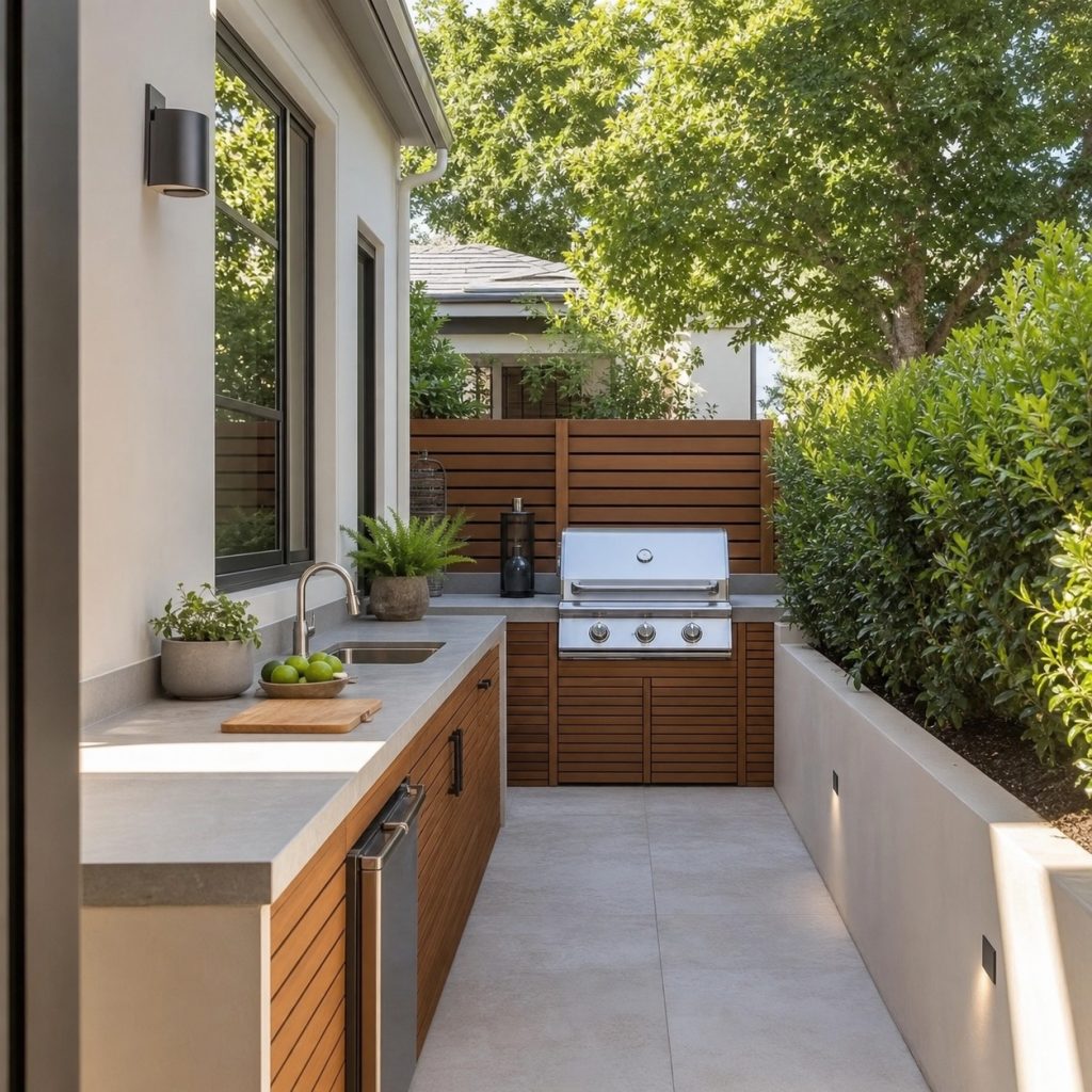 Narrow side-yard patio with slim prep counter and grill at open end