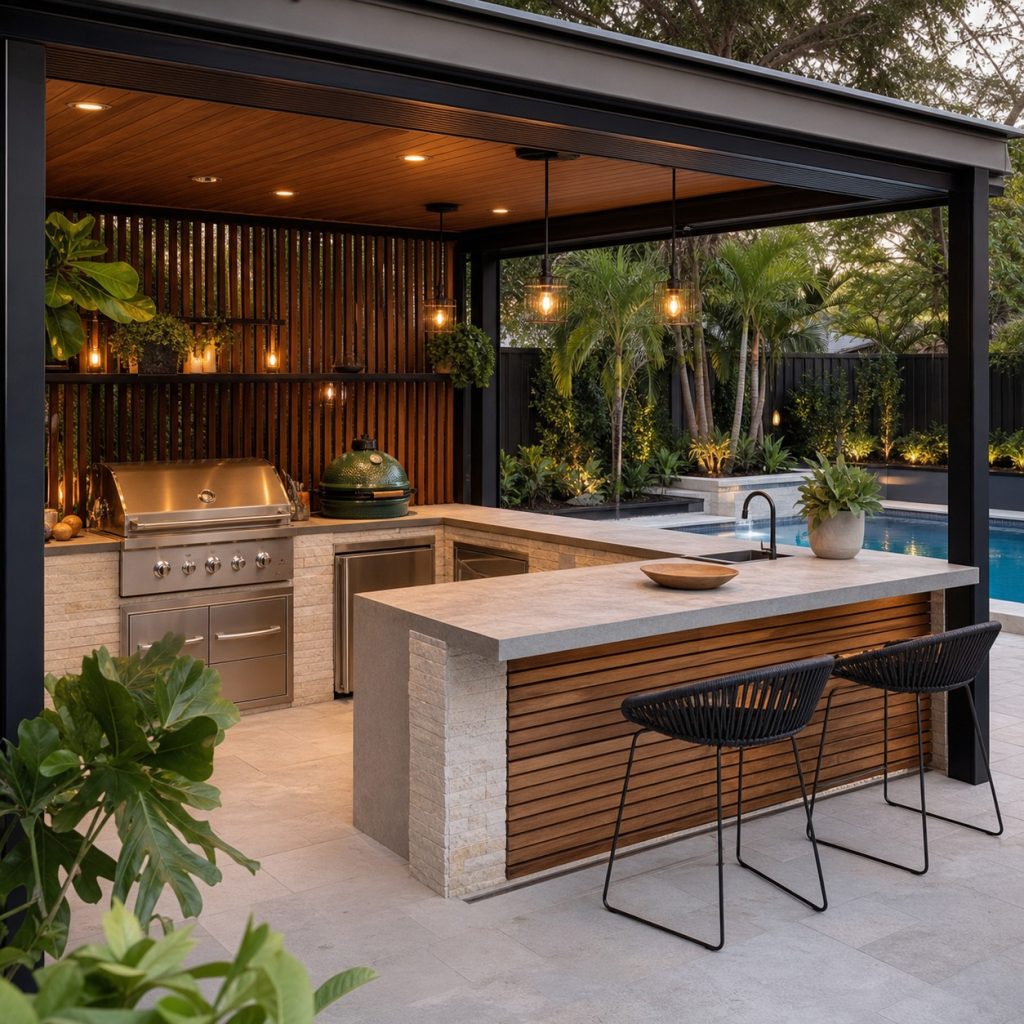 Pool-adjacent patio kitchen with serving counter protecting wet circulation