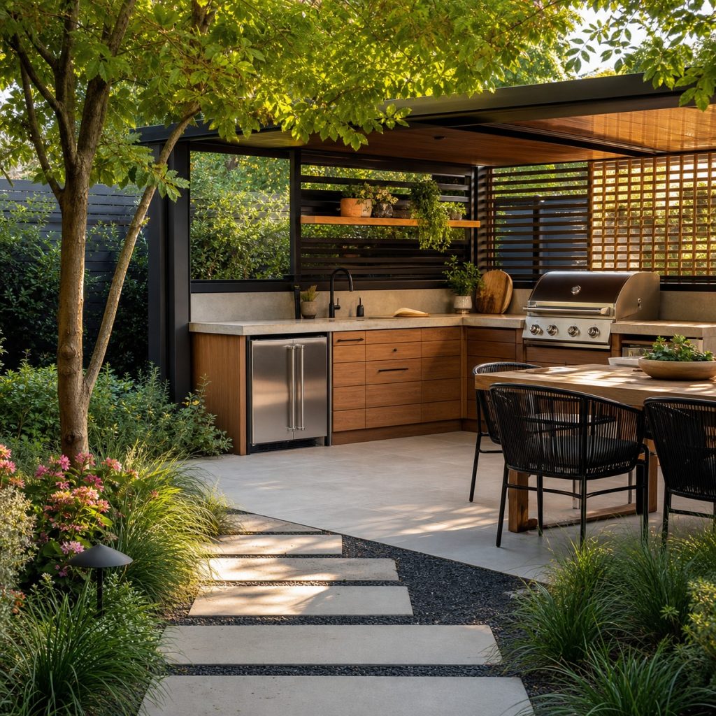 Garden kitchen on continuous paved terrace connected by stepping-stone path