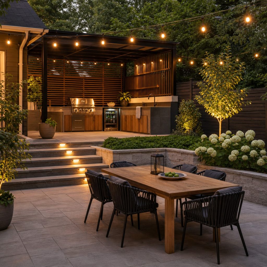 Outdoor kitchen on upper terrace with dining below broad lit steps