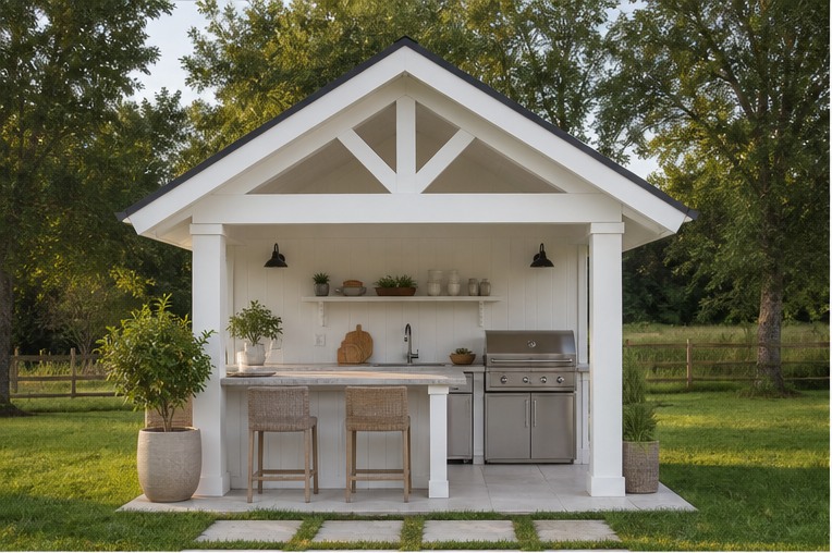 Compact gable-roof outdoor kitchen pavilion with serving counter