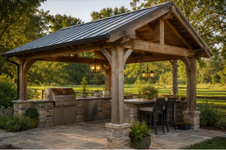 Timber outdoor kitchen pavilion with broad gable and garden path