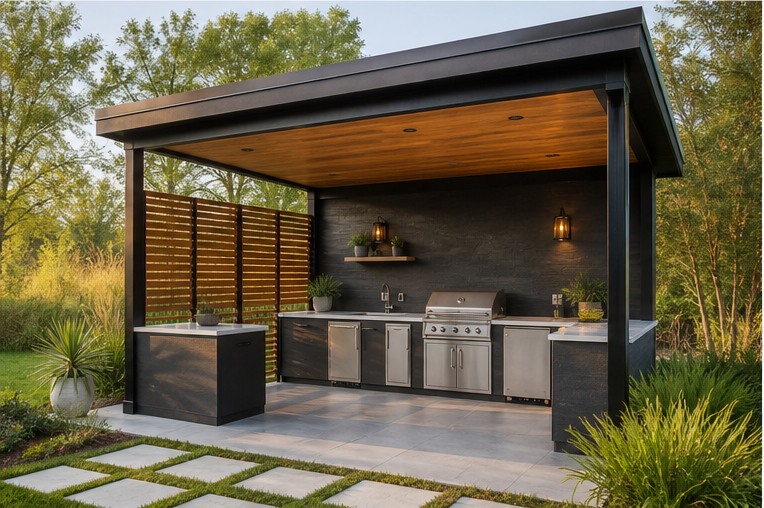 Modern mono-slope outdoor kitchen pavilion with long grill counter