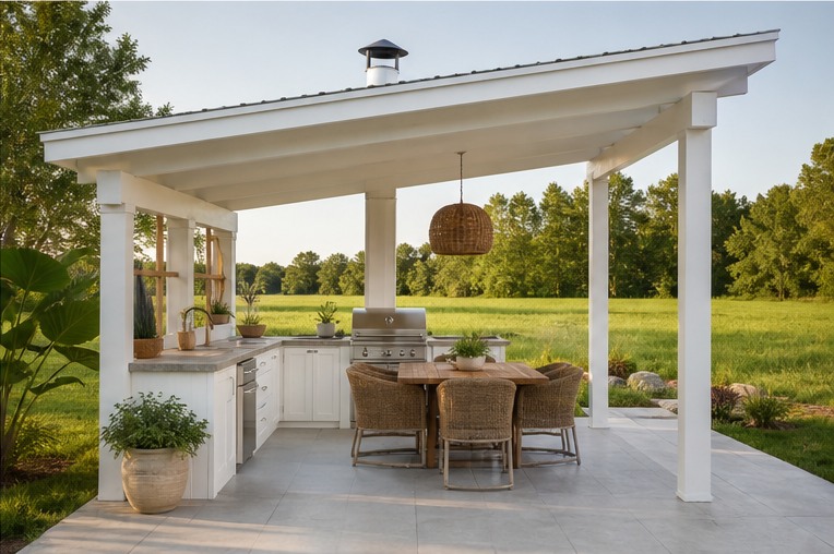 White gable pavilion containing an outdoor kitchen and dining table