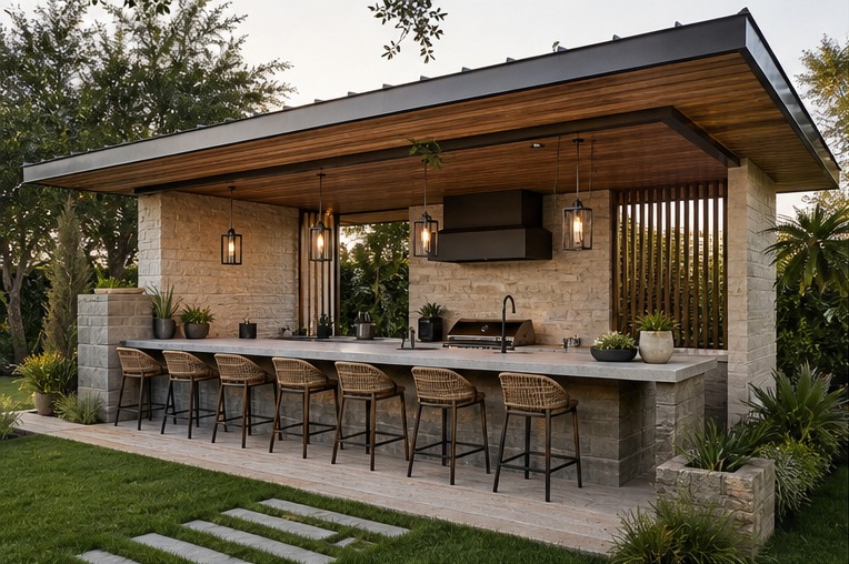 Outdoor kitchen pavilion with long bar and five stools