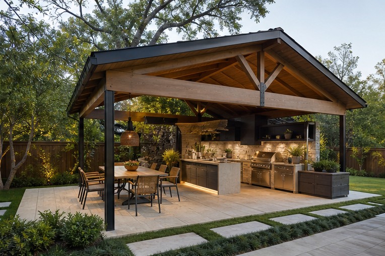 Outdoor kitchen pavilion with dining table beside the cook area