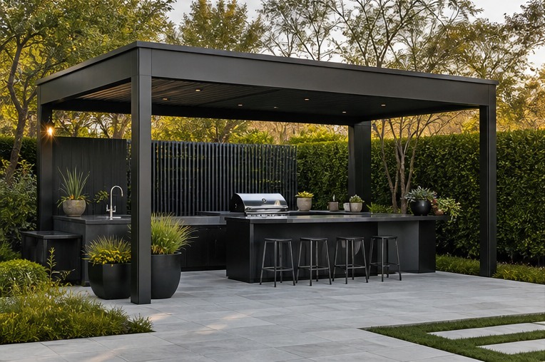 Dark steel outdoor kitchen pavilion with timber privacy screens