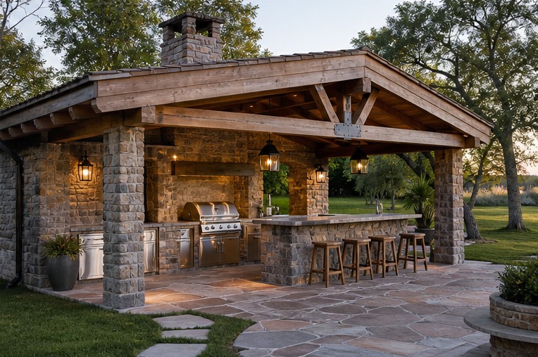 Rustic stone and timber outdoor kitchen pavilion with open serving wall