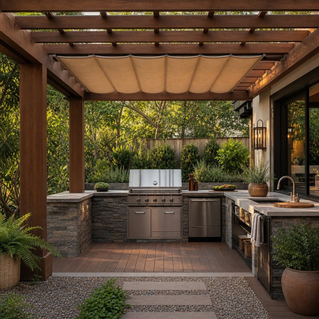 Outdoor kitchen pergola with partially extended retractable fabric shade