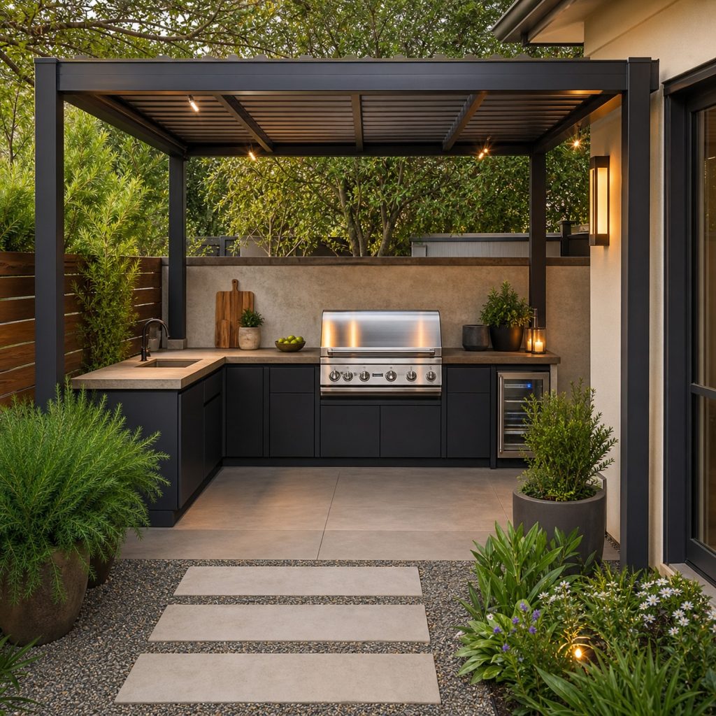 Modern steel pergola over a compact charcoal outdoor kitchen