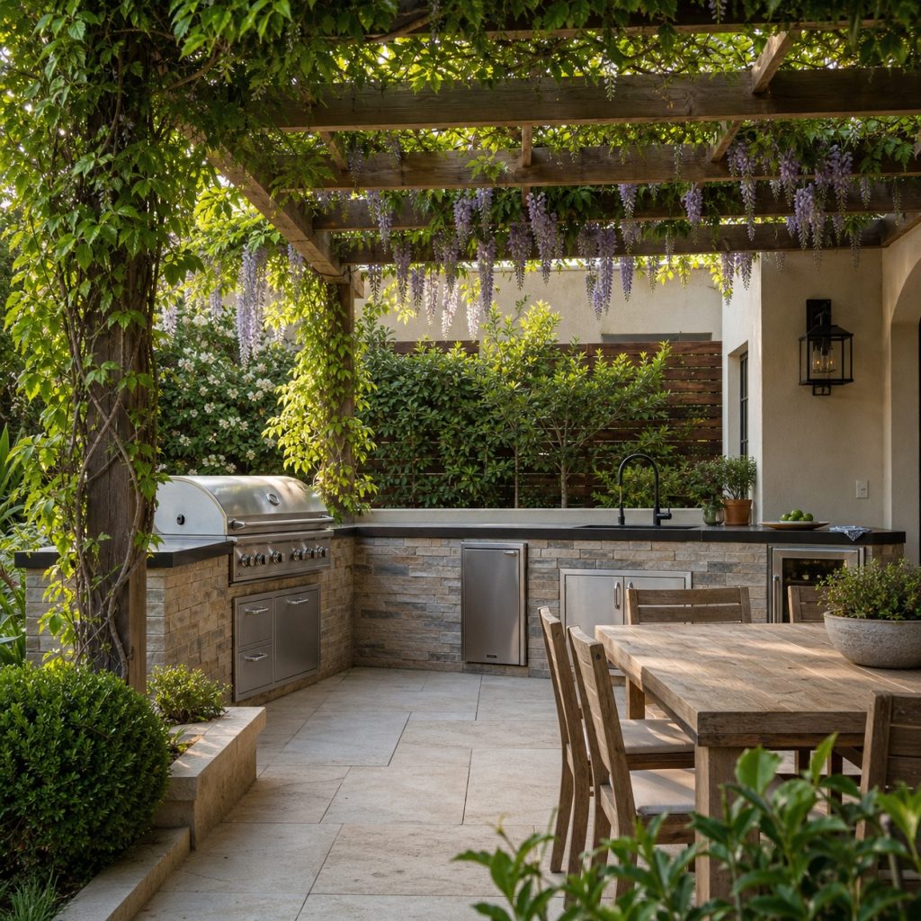 Vine-covered timber pergola over a garden pizza oven and prep counter