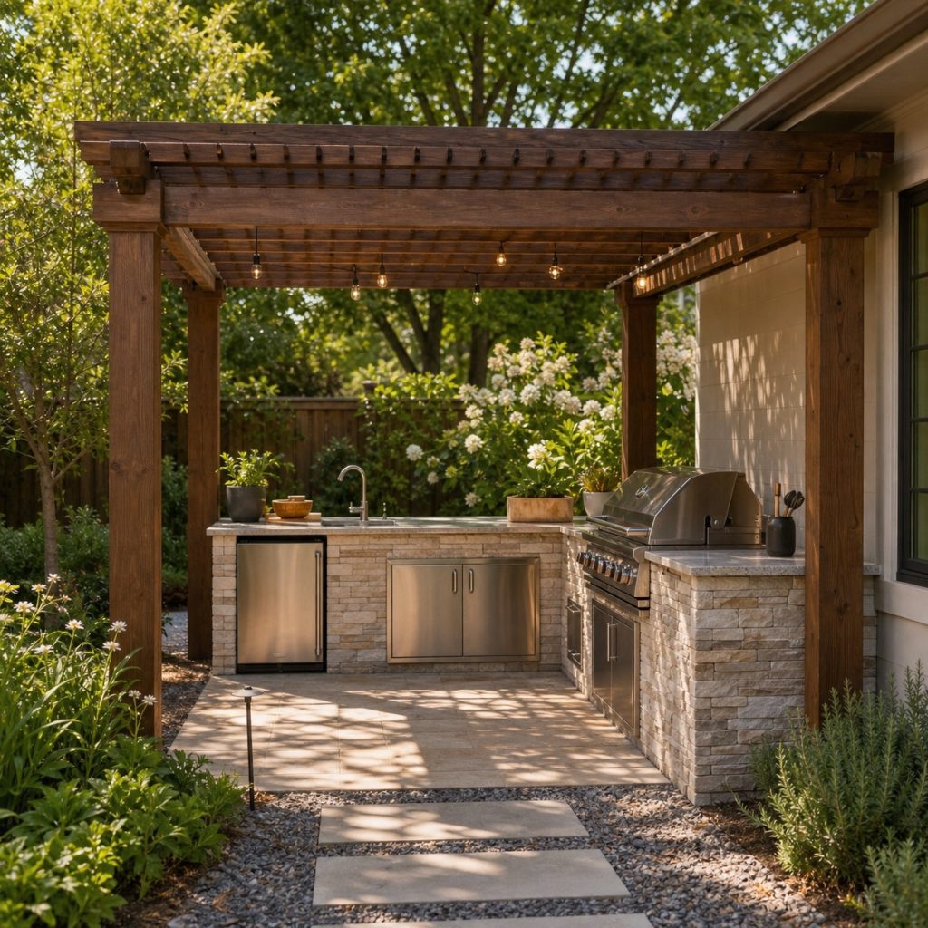Compact four-post pergola above an L-shaped outdoor kitchen