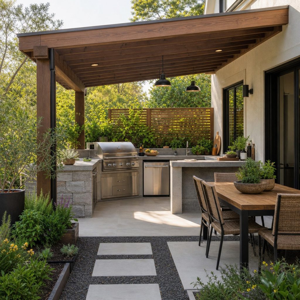 House-attached timber pergola with outer posts above an outdoor kitchen