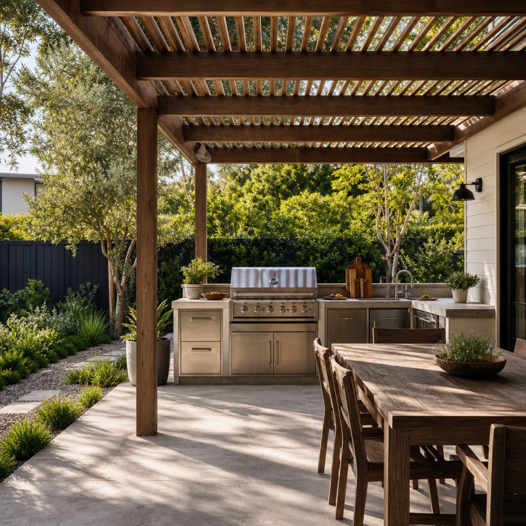 Slatted timber pergola shading an outdoor kitchen and dining table