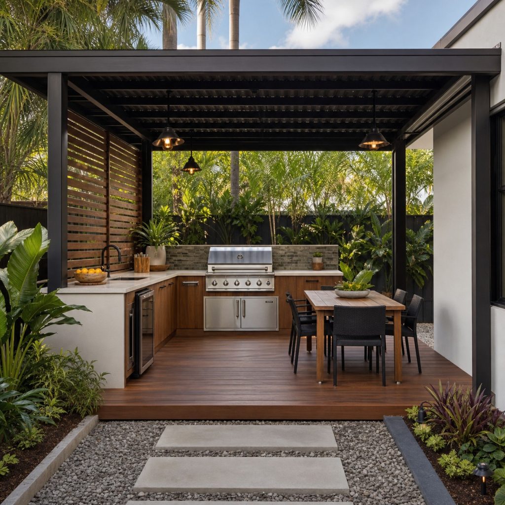 Outdoor kitchen pergola with timber privacy screen and open-air grill counter