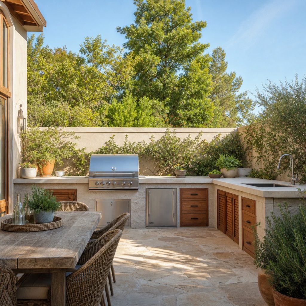 Outdoor kitchen backed by low masonry privacy wall and layered planting