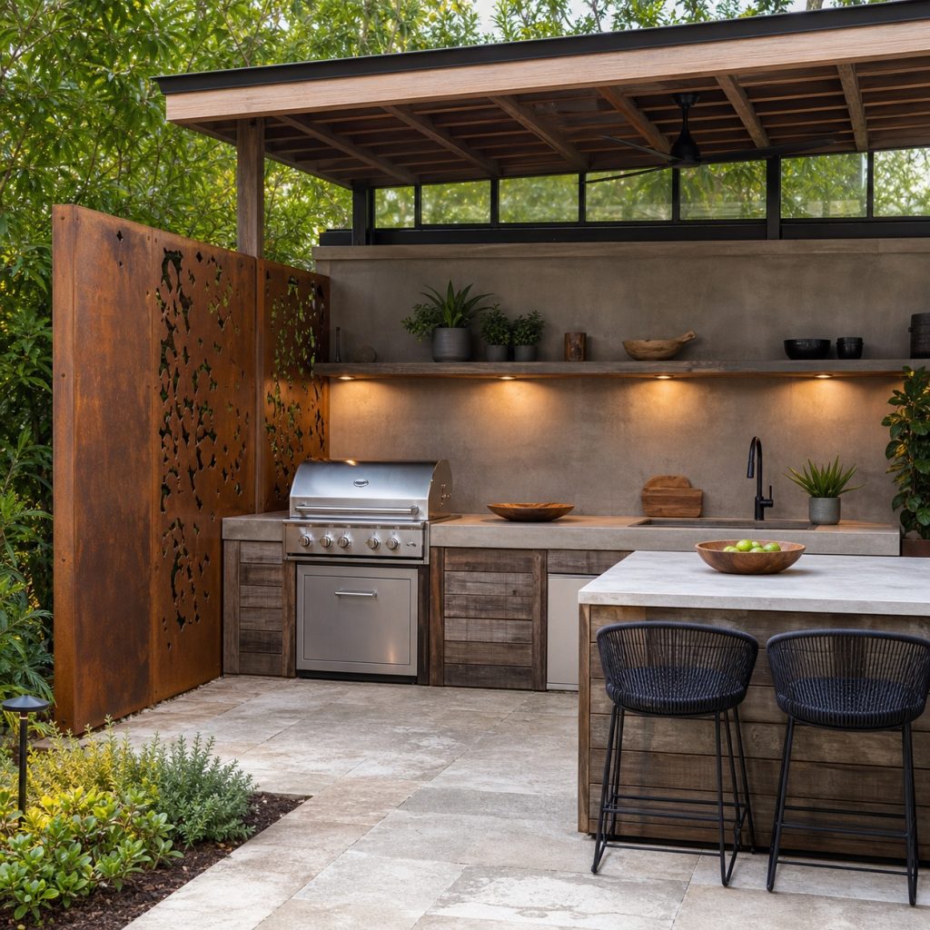 Modern outdoor kitchen with weathered metal privacy panels on one side
