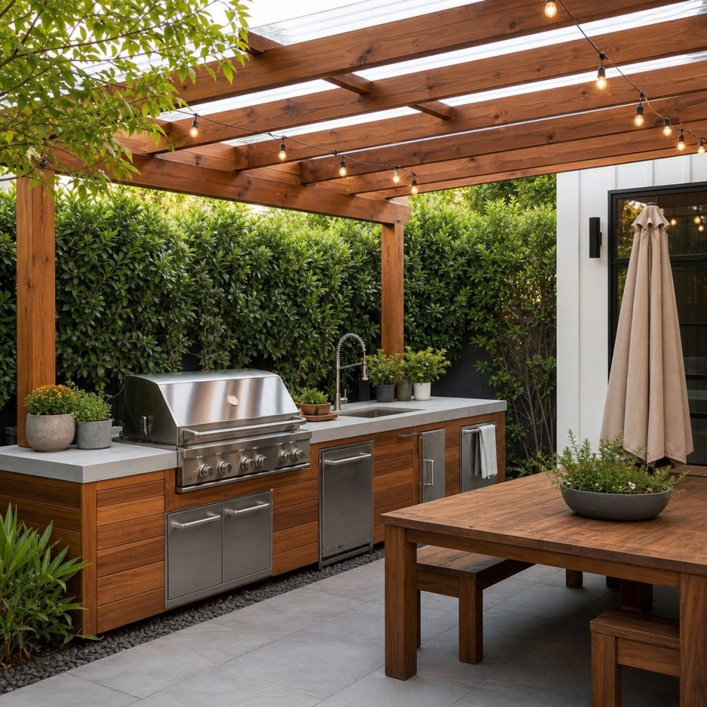 Outdoor kitchen screened by evergreen hedge beyond a paved maintenance strip