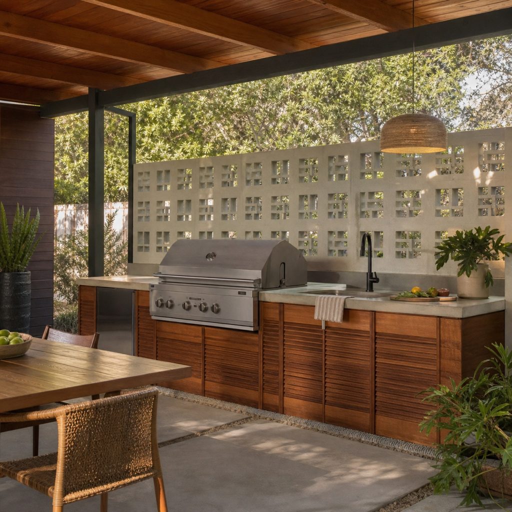 Outdoor kitchen with perforated concrete-block privacy wall and filtered light