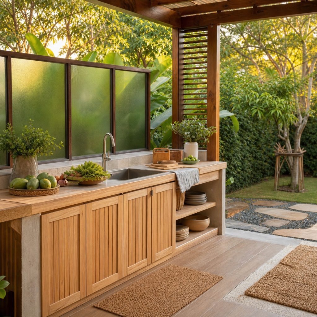 Outdoor serving kitchen with translucent exterior glass privacy panels