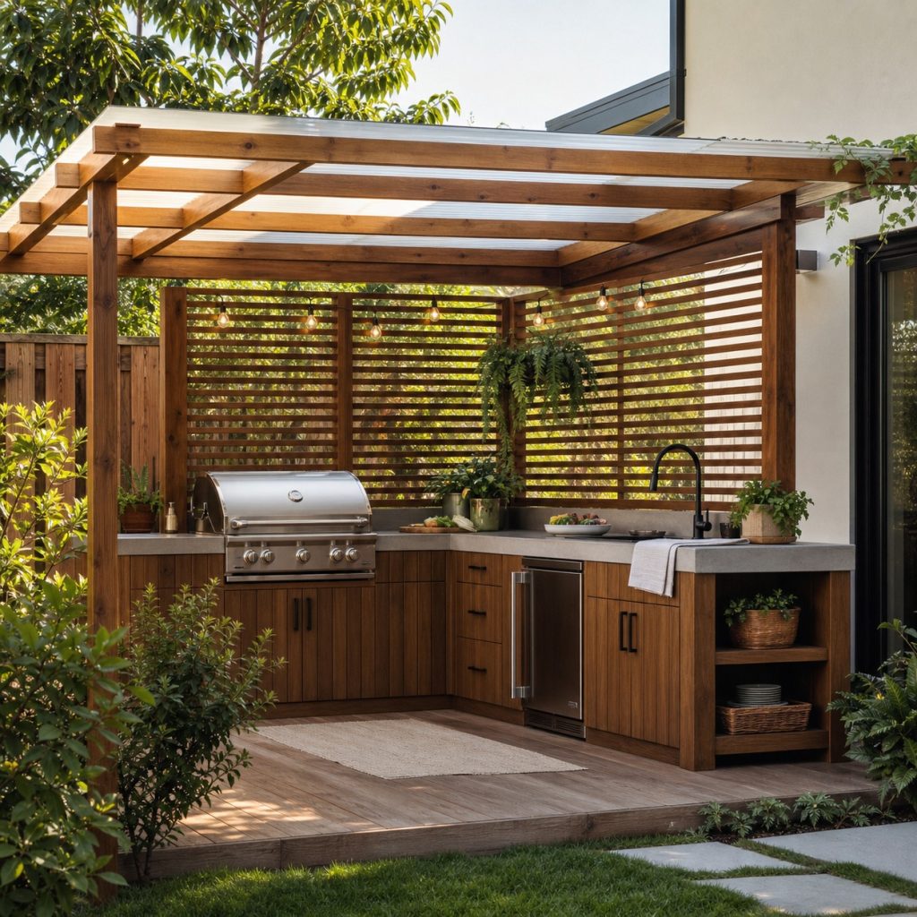 Corner outdoor kitchen with two partial slatted screens and open grill side