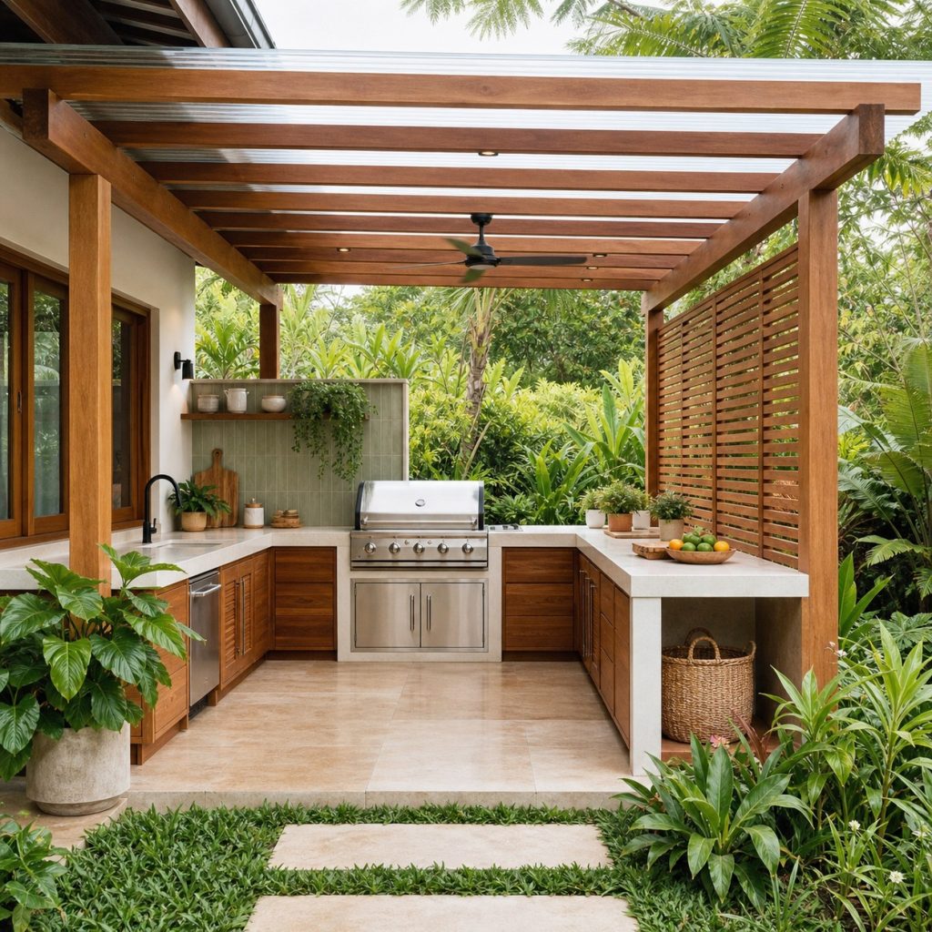 Pergola outdoor kitchen with one integrated privacy screen and open cooking face