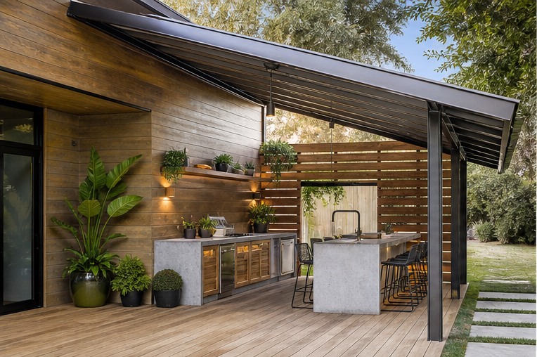 Outdoor kitchen with a lean-to corrugated metal roof
