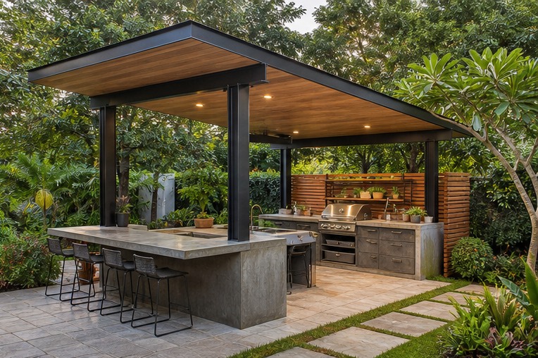 Freestanding outdoor kitchen with mono-slope steel canopy