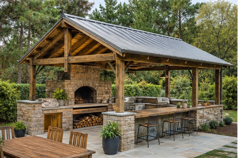 Outdoor kitchen beneath an open gable roof with timber screen