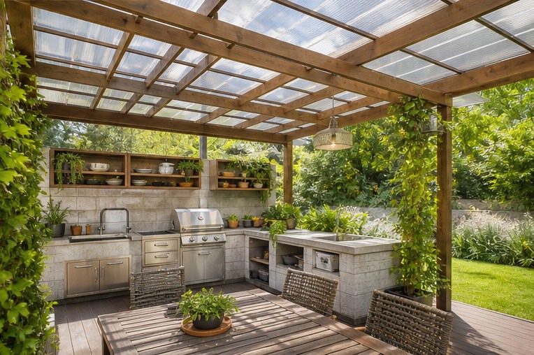 Outdoor kitchen with translucent roof panels on a dark frame