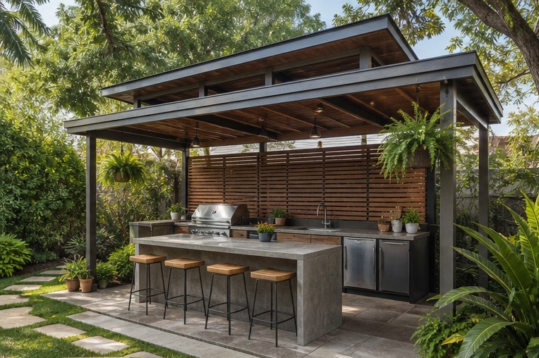Outdoor kitchen with raised vented metal roof and deep eaves